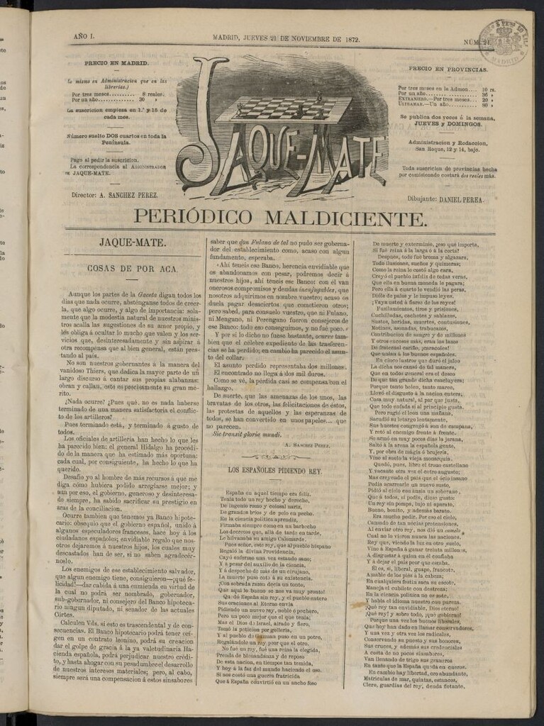 Miniatura de Jaque-Mate: periódico maldiciente del 21 de noviembre de 1872, nº 24
