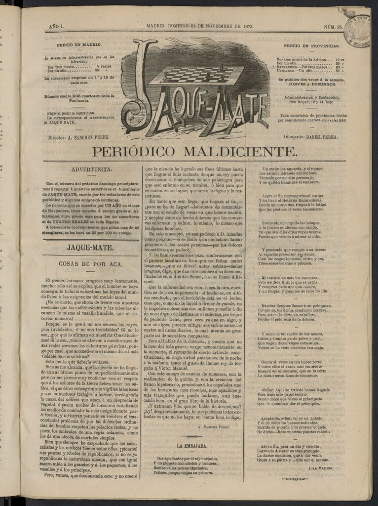 Miniatura de Jaque-Mate: periódico maldiciente del 24 de noviembre de 1872, nº 25
