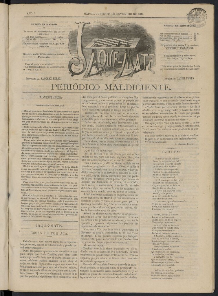 Miniatura de Jaque-Mate: periódico maldiciente del 28 de noviembre de 1872, nº 26