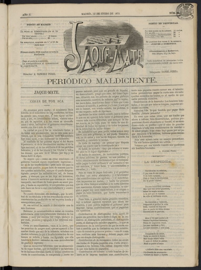 Miniatura de Jaque-Mate: periódico maldiciente del 12 de enero de 1873, nº 39