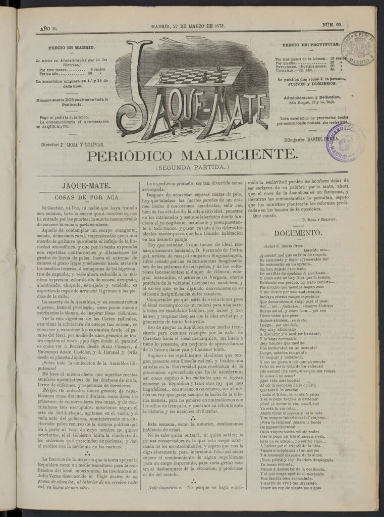 Miniatura de Jaque-Mate: periódico maldiciente del 27 de marzo de 1873, nº 60