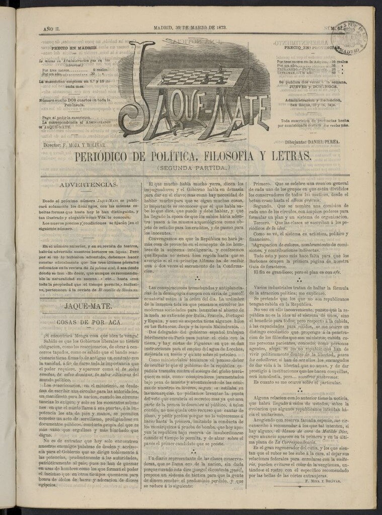 Miniatura de Jaque-Mate: periódico maldiciente del 30 de marzo de 1873, nº 61
