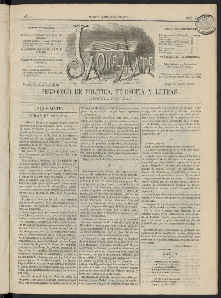 Miniatura de Jaque-Mate: periódico maldiciente del 6 de abril de 1873, nº 62