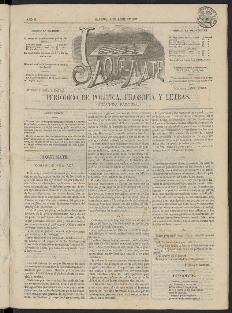 Miniatura de Jaque-Mate: periódico maldiciente del 13 de abril de 1873, nº 63