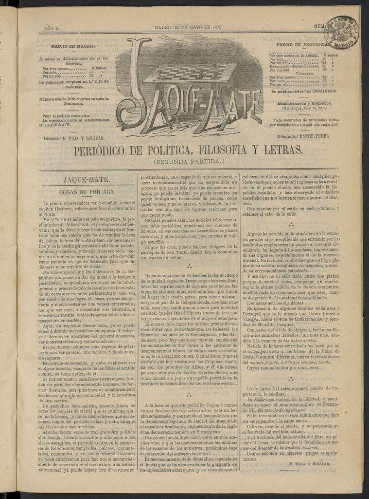 Miniatura de Jaque-Mate: periódico maldiciente del 25 de mayo de 1873, nº 69
