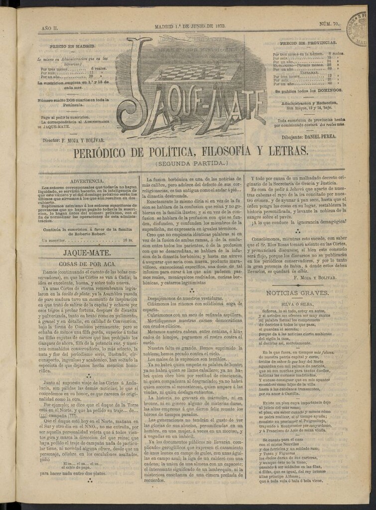 Miniatura de Jaque-Mate: periódico maldiciente del 1 de junio de 1873, nº 70