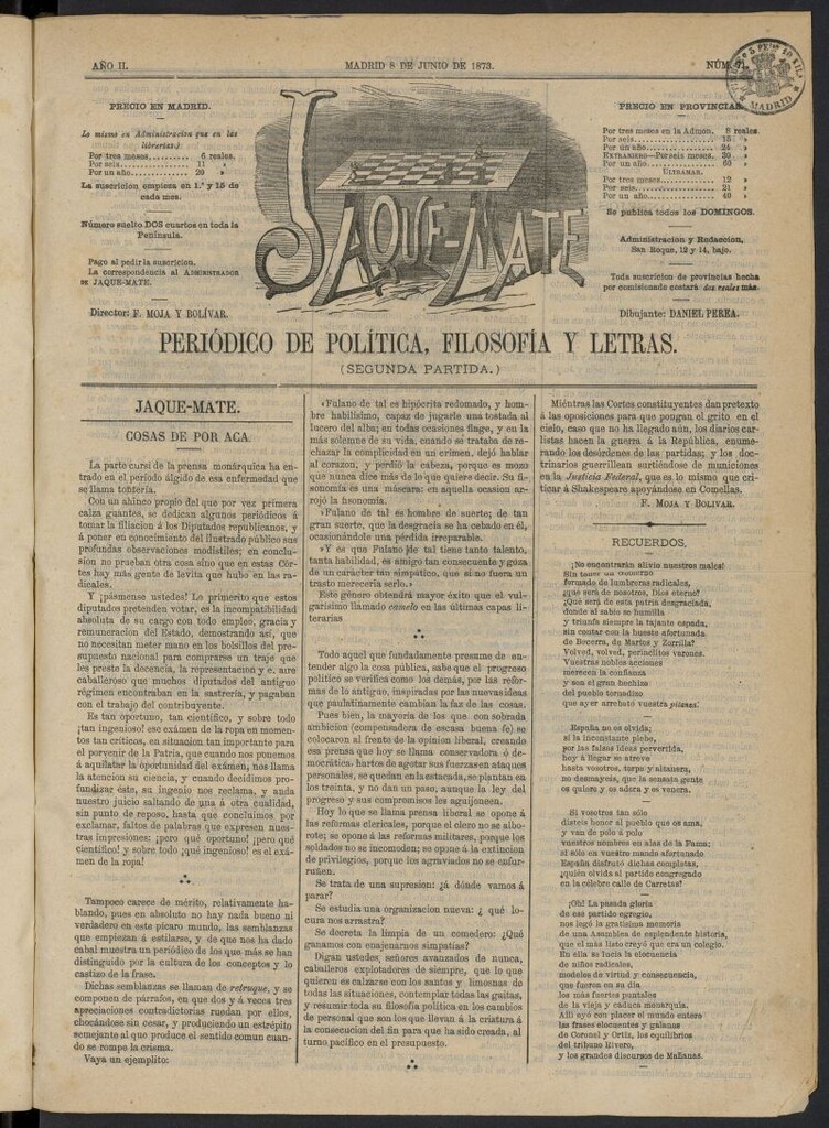 Miniatura de Jaque-Mate: periódico maldiciente del 8 de junio de 1873, nº 71