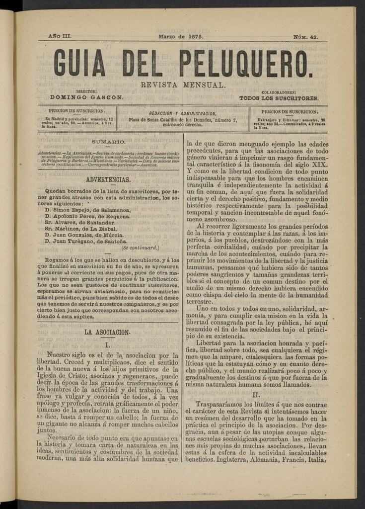 Miniatura de Guía del Peluquero y Barbero de marzo de 1875, nº 42