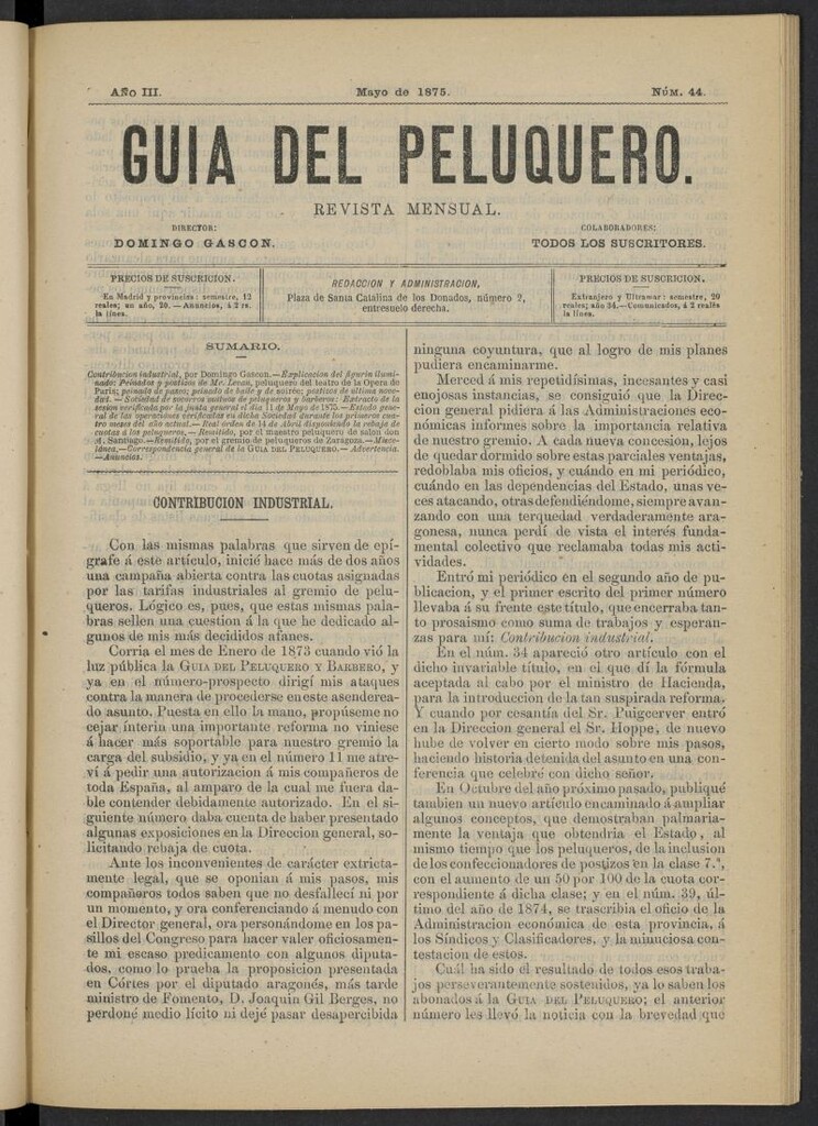 Miniatura de Guía del Peluquero y Barbero de mayo de 1875, nº 44
