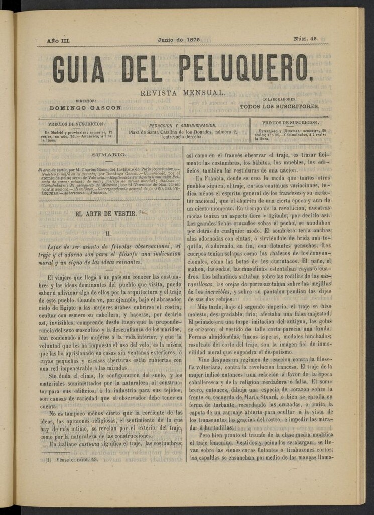 Miniatura de Guía del Peluquero y Barbero de junio de 1875, nº 45