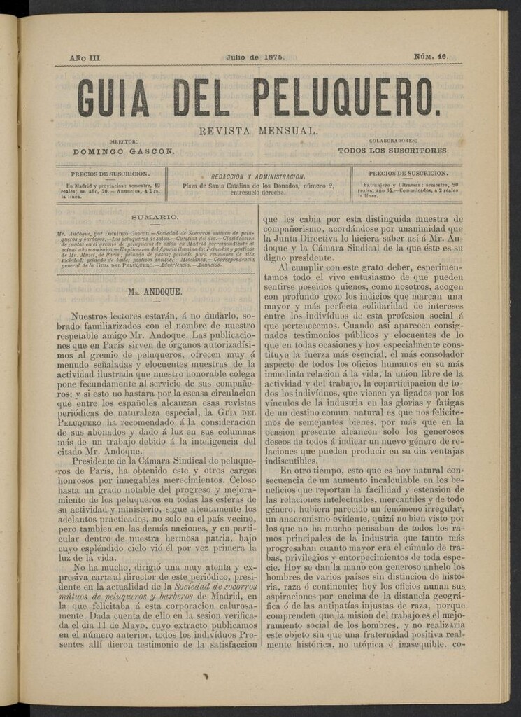 Miniatura de Guía del Peluquero y Barbero de julio de 1875, nº 46