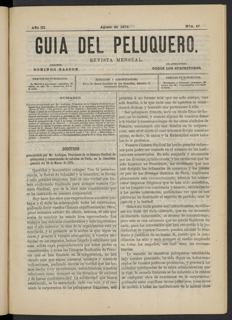 Miniatura de Guía del Peluquero y Barbero de agosto de 1875, nº 47