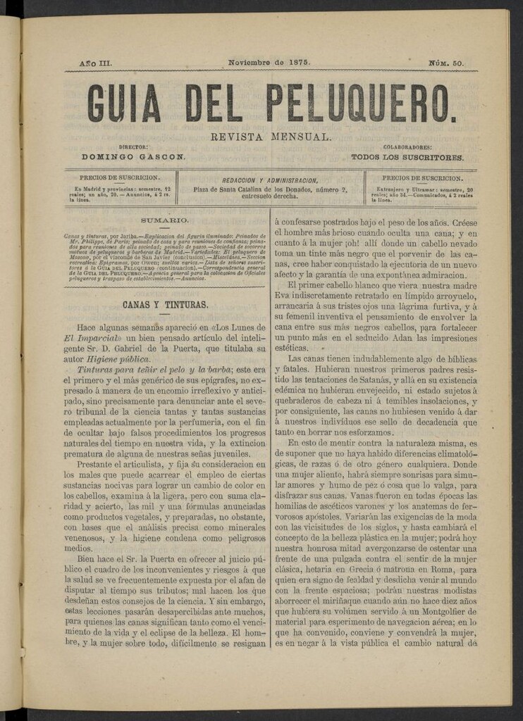 Miniatura de Guía del Peluquero y Barbero de noviembre de 1875, nº 50