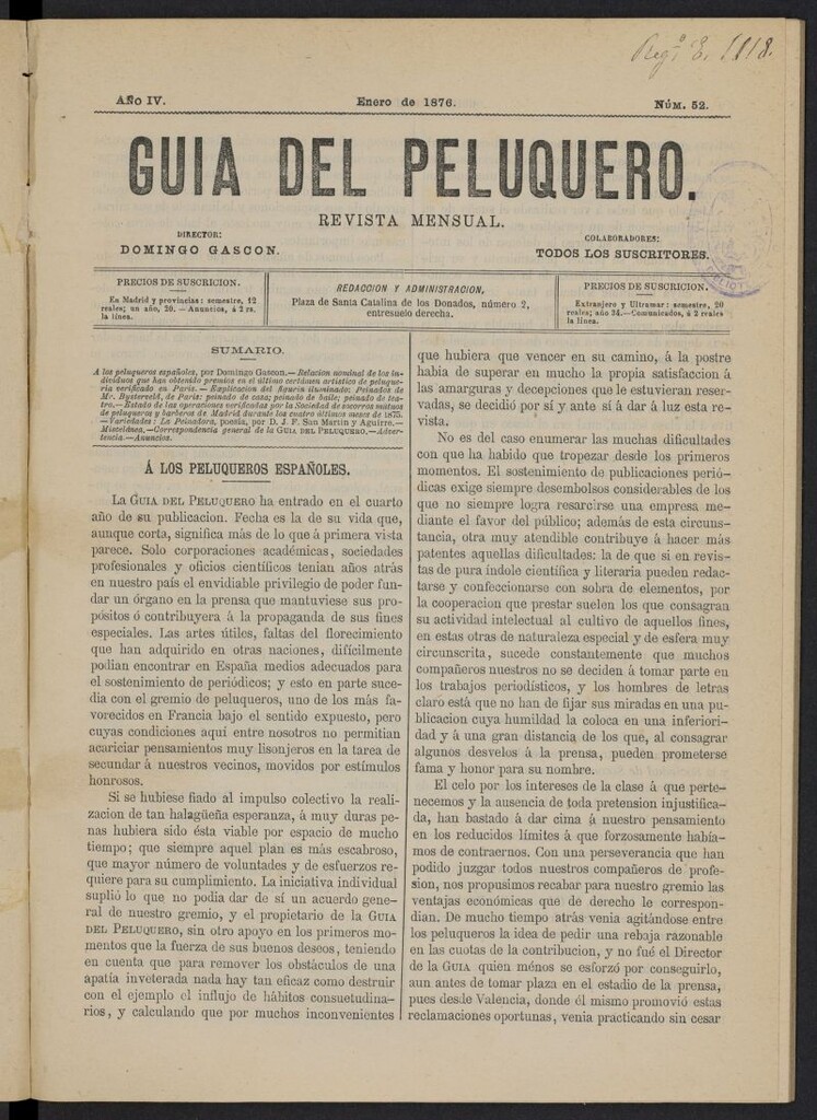 Miniatura de Guía del Peluquero y Barbero de enero de 1876, nº 52