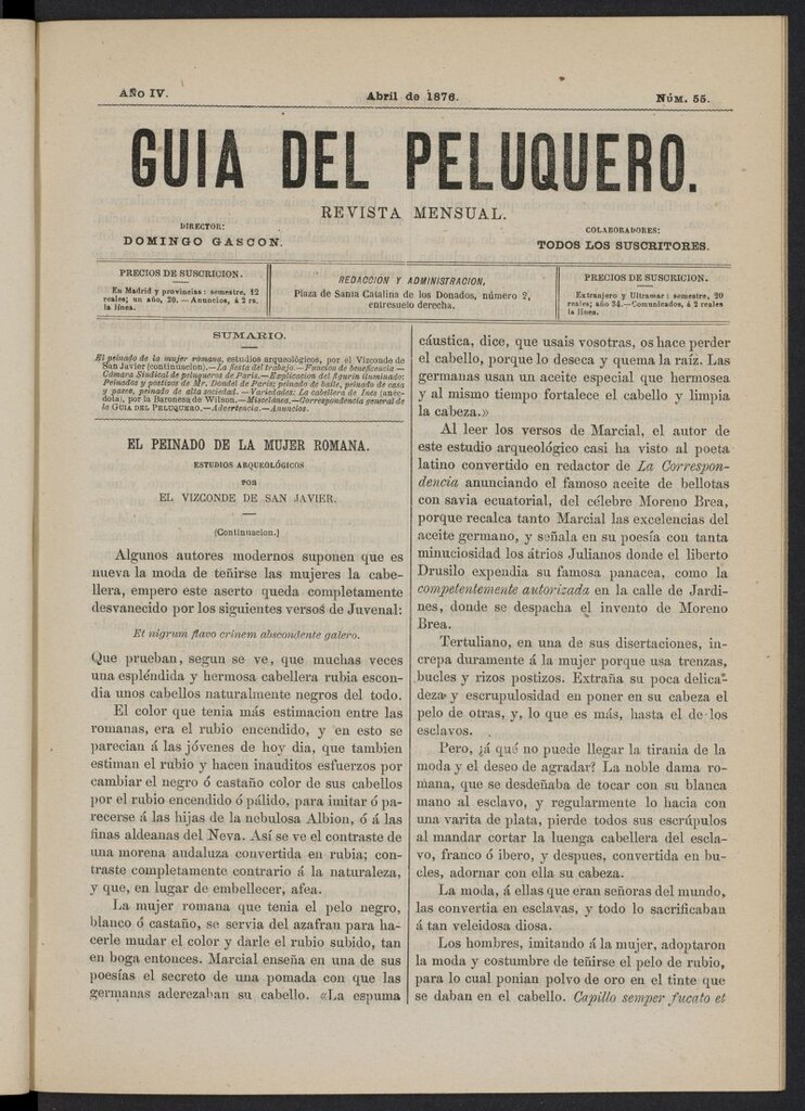 Miniatura de Guía del Peluquero y Barbero de abril de 1876, nº 55