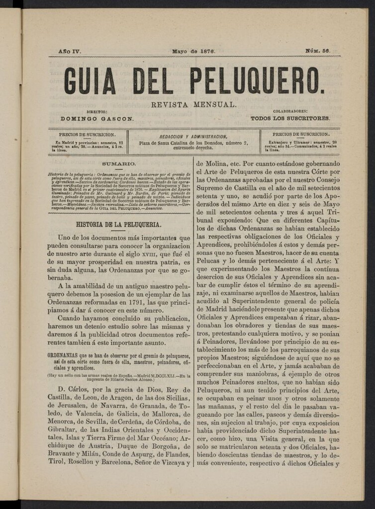 Miniatura de Guía del Peluquero y Barbero de mayo de 1876, nº 56