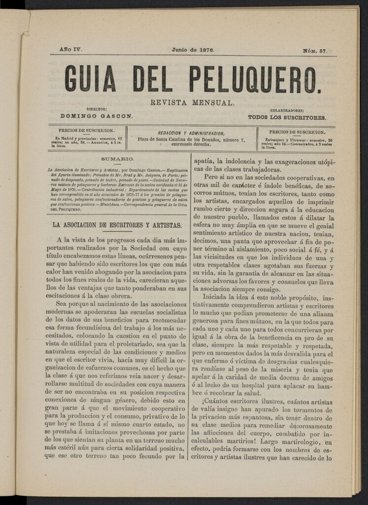 Miniatura de Guía del Peluquero y Barbero de junio de 1876, nº 57
