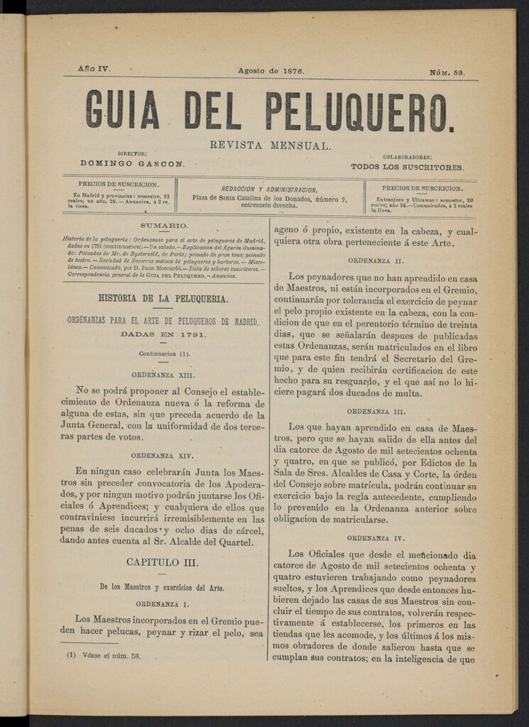 Miniatura de Guía del Peluquero y Barbero de agosto de 1876, nº 59