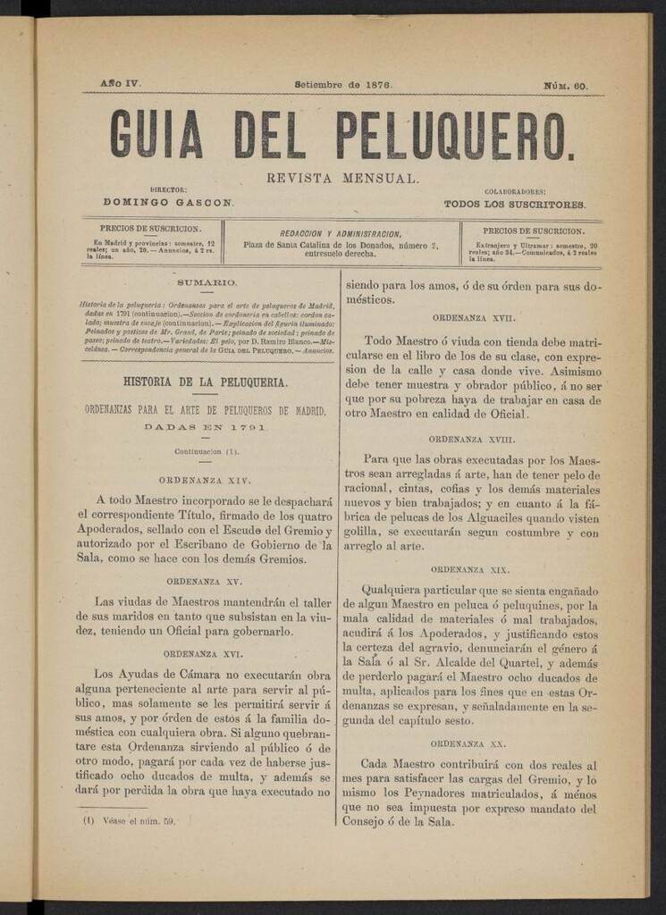 Miniatura de Guía del Peluquero y Barbero de septiembre de 1876, nº 60