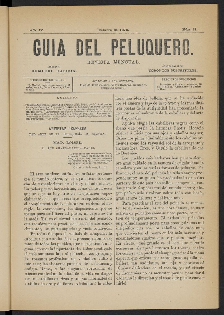 Miniatura de Guía del Peluquero y Barbero de octubre de 1876, nº 61