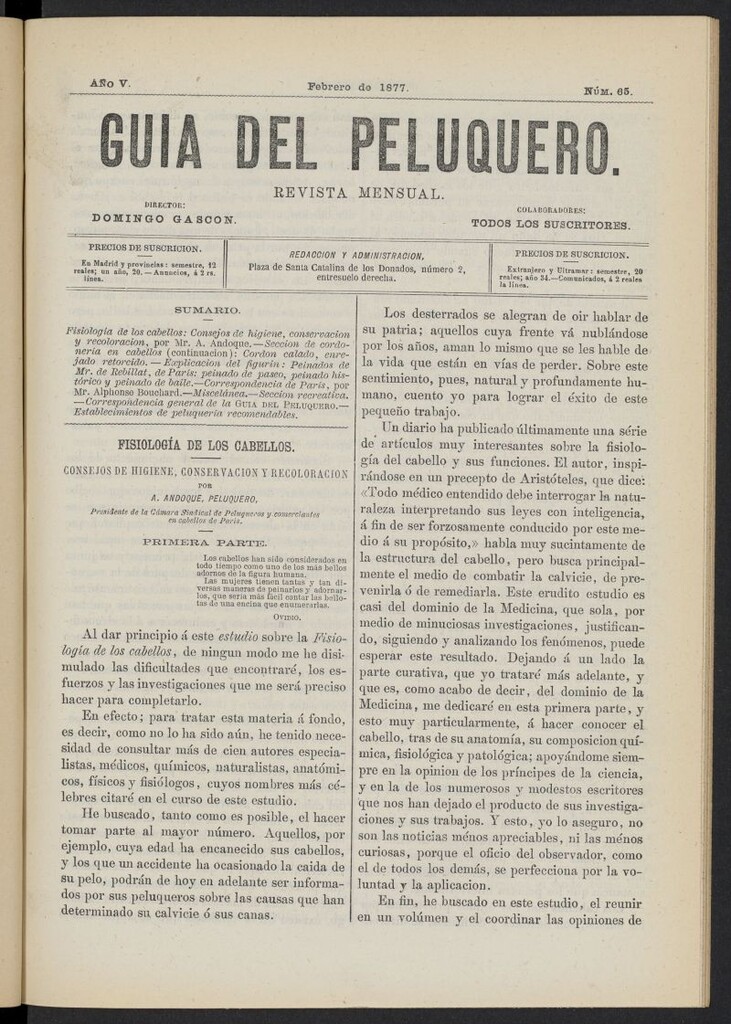 Miniatura de Guía del Peluquero y Barbero de febrero de 1877, nº 65