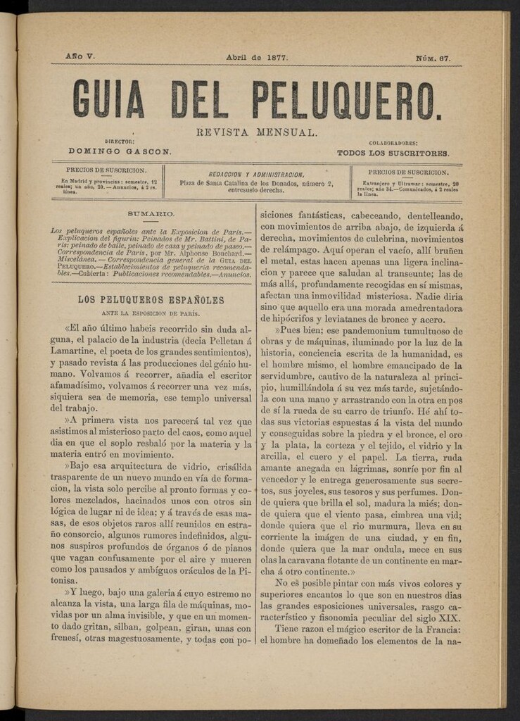 Miniatura de Guía del Peluquero y Barbero de abril de 1877, nº 67