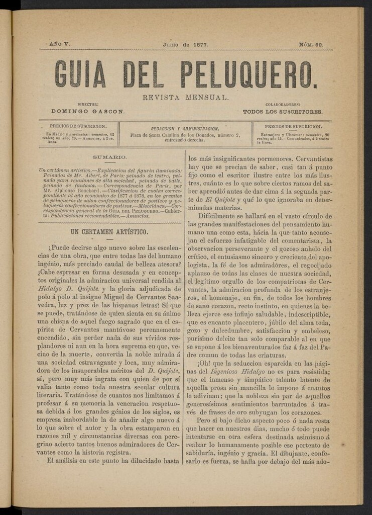 Miniatura de Guía del Peluquero y Barbero de junio de 1877, nº 69