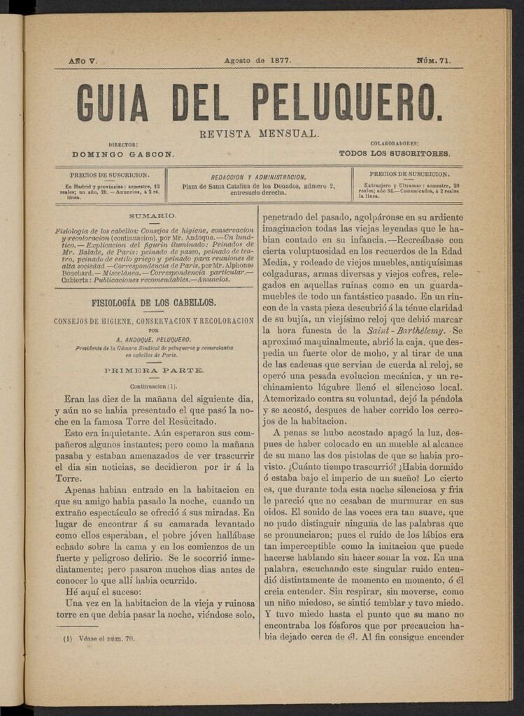 Miniatura de Guía del Peluquero y Barbero de agosto de 1877, nº 71