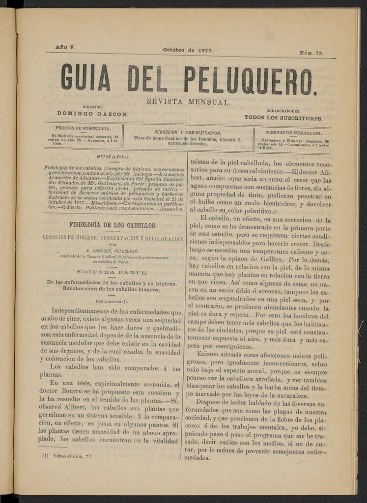 Miniatura de Guía del Peluquero y Barbero de octubre de 1877, nº 73