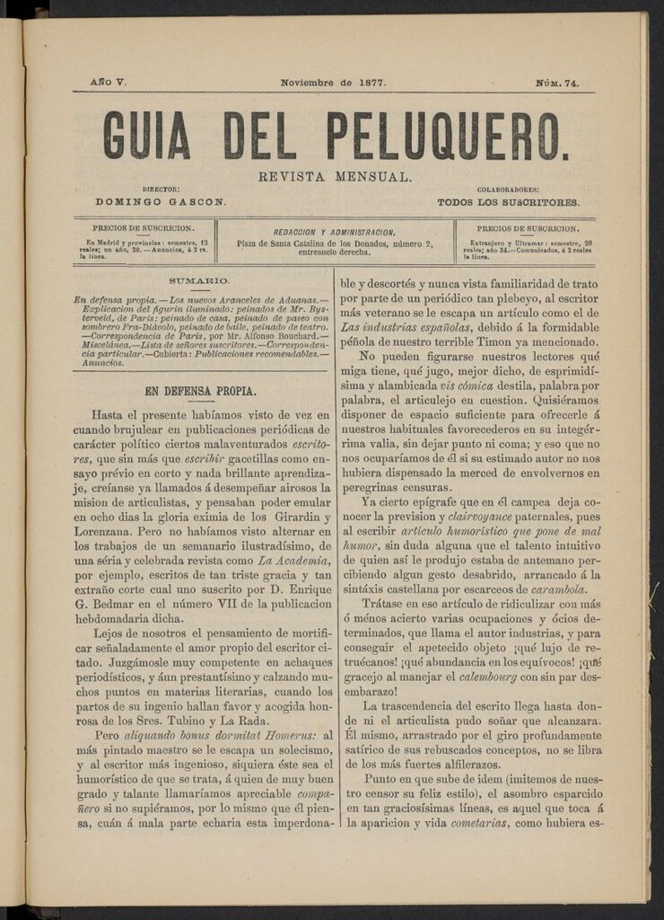 Miniatura de Guía del Peluquero y Barbero de noviembre de 1877, nº 74