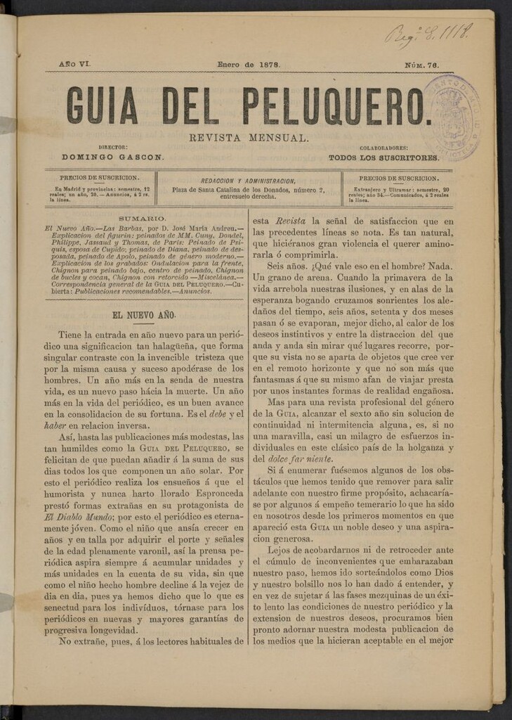 Miniatura de Guía del Peluquero y Barbero de enero de 1878, nº 76