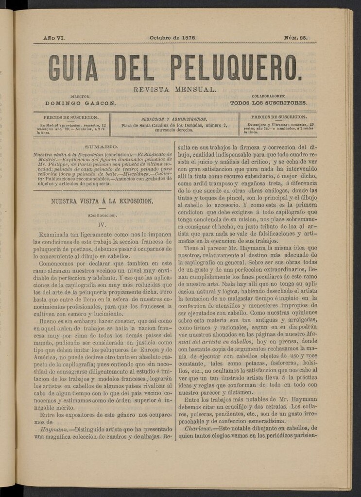 Miniatura de Guía del Peluquero y Barbero de octubre de 1878, nº 85