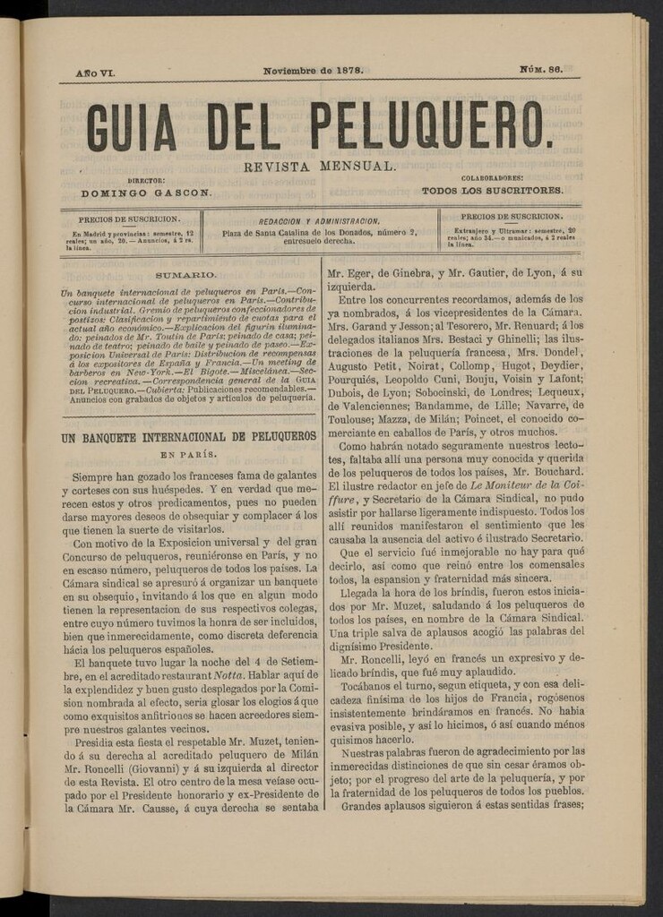 Miniatura de Guía del Peluquero y Barbero de noviembre de 1878, nº 86