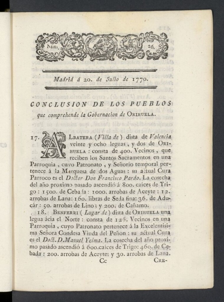 Miniatura de Correo General de España del 20 de julio de 1770, nº 26
