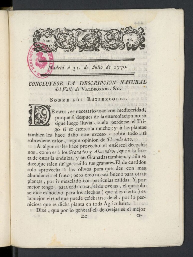 Miniatura de Correo General de España del 31 de julio de 1770, nº 28