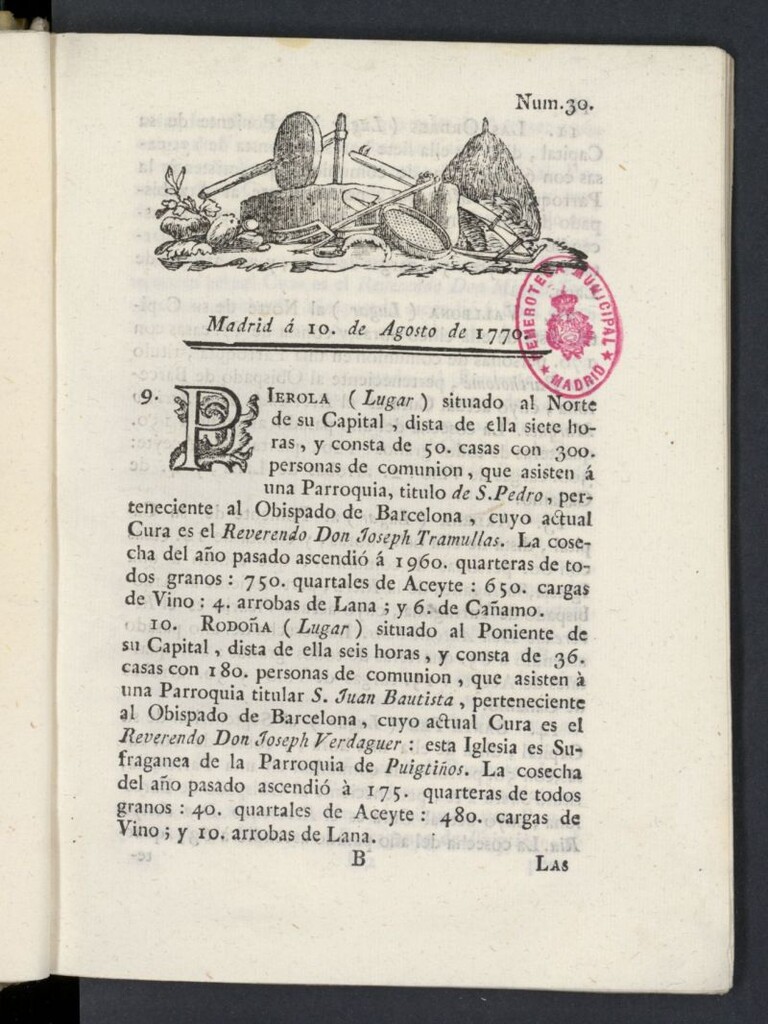 Miniatura de Correo General de España del 10 de agosto de 1770, nº 30