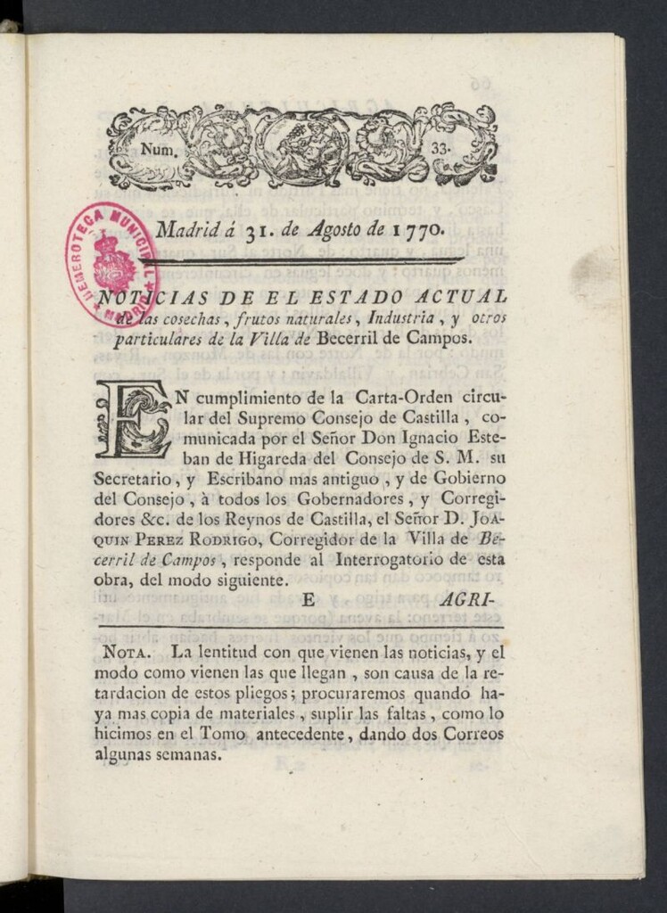 Miniatura de Correo General de España del 31 de agosto de 1770, nº 33