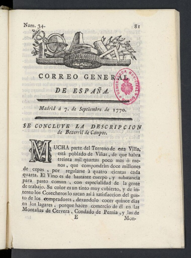 Miniatura de Correo General de España del 7 de septiembre de 1770, nº 34