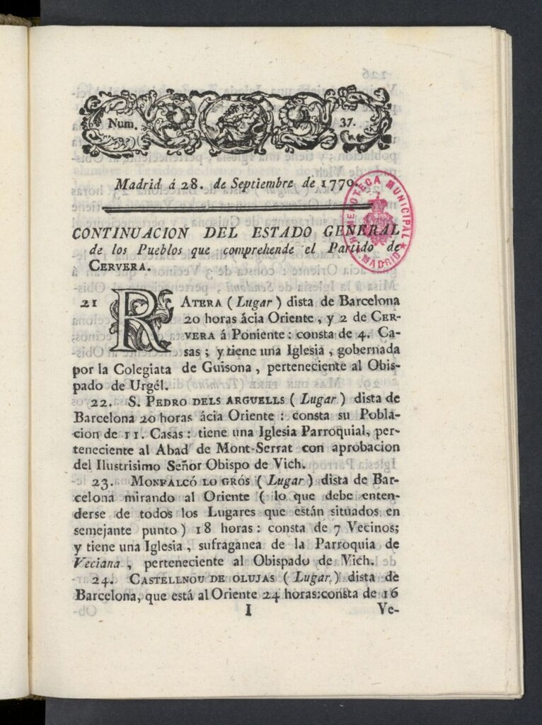 Miniatura de Correo General de España del 28 de septiembre de 1770, nº 37