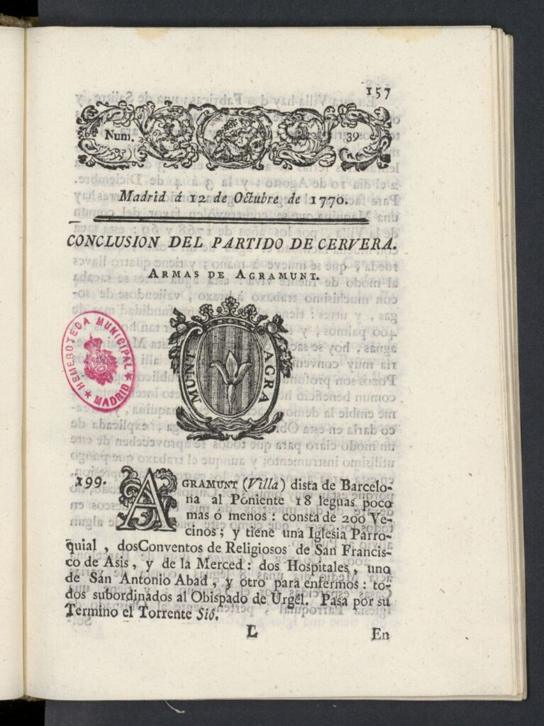 Miniatura de Correo General de España del 12 de octubre de 1770, nº 39