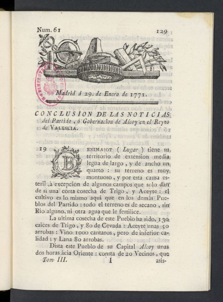 Miniatura de Correo General de España del 29 de enero de 1771, nº 61