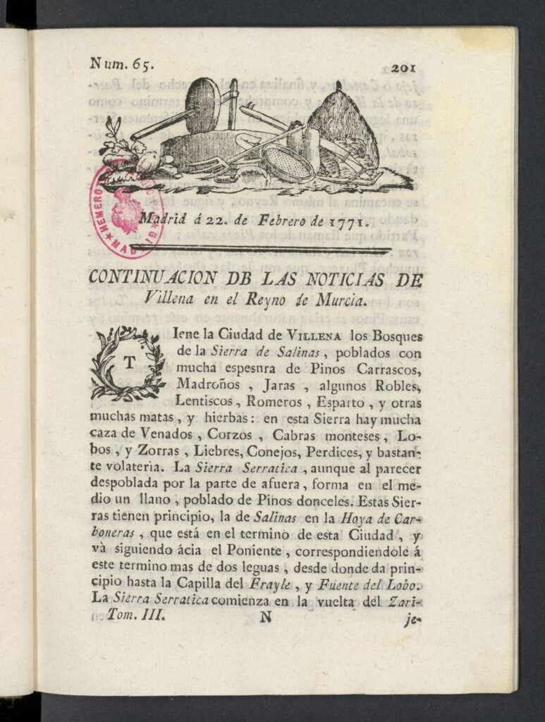 Miniatura de Correo General de España del 22 de febrero de 1771, nº 65