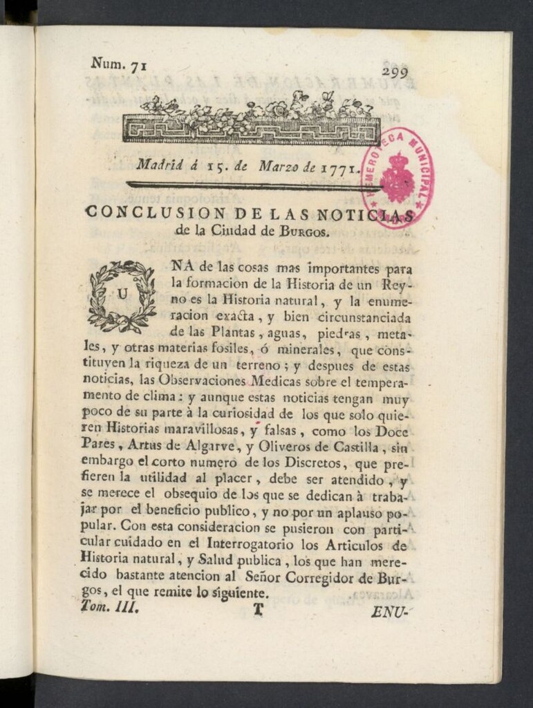 Miniatura de Correo General de España del 15 de marzo de 1771, nº 71