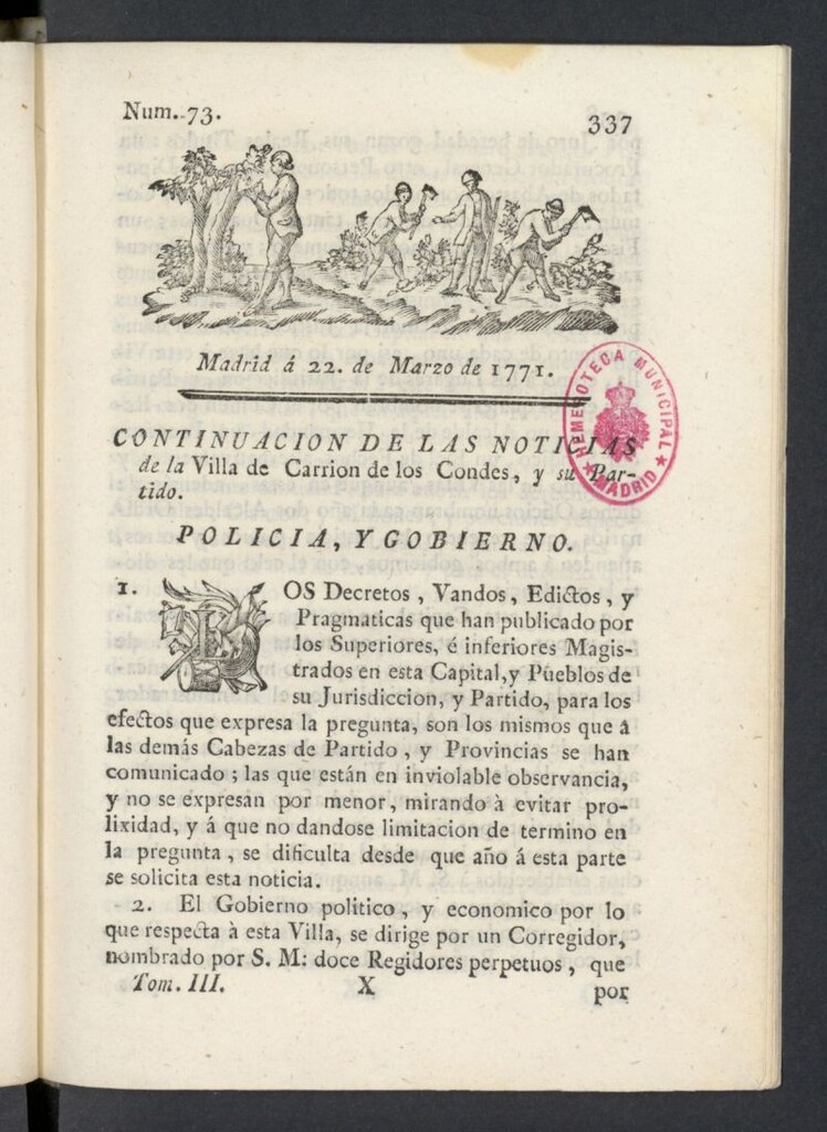 Miniatura de Correo General de España del 22 de marzo de 1771, nº 73