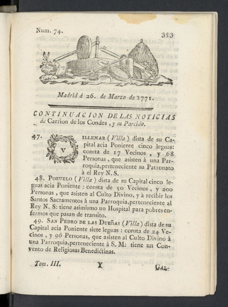 Miniatura de Correo General de España del 26 de marzo de 1771, nº 74