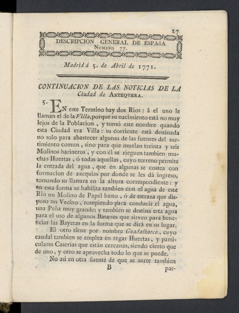 Miniatura de Correo General de España del 5 de abril de 1771, nº 77
