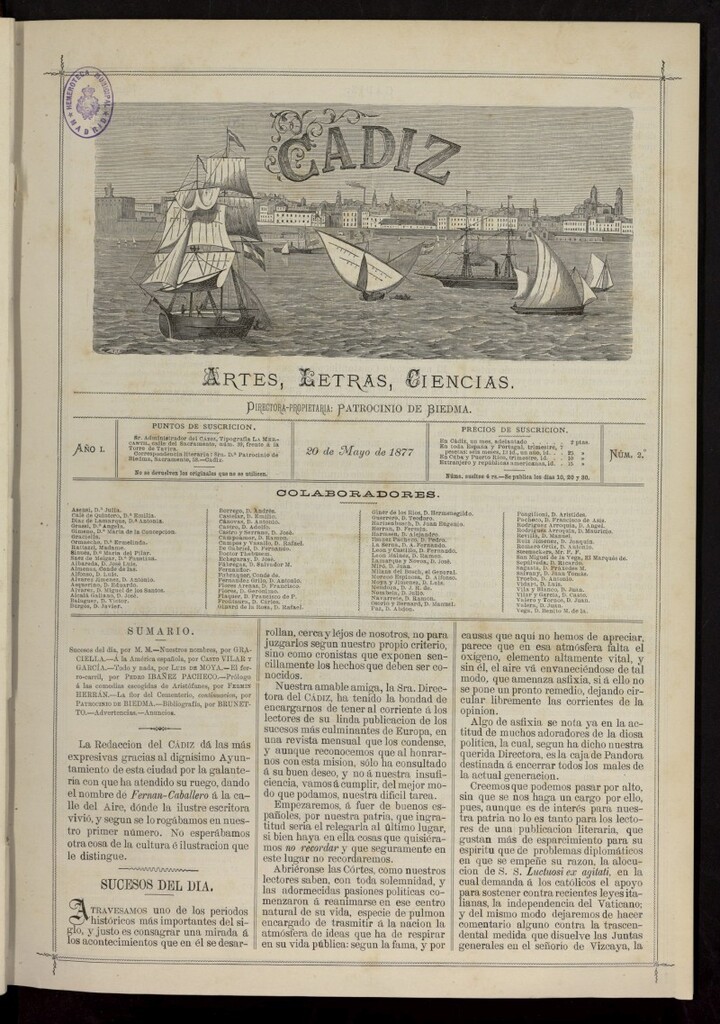 Miniatura de Cádiz: letras, ciencias y artes del 20 de mayo de 1877