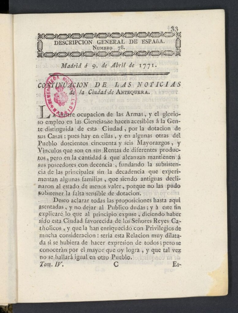 Miniatura de Correo General de España del 9 de abril de 1771, nº 78