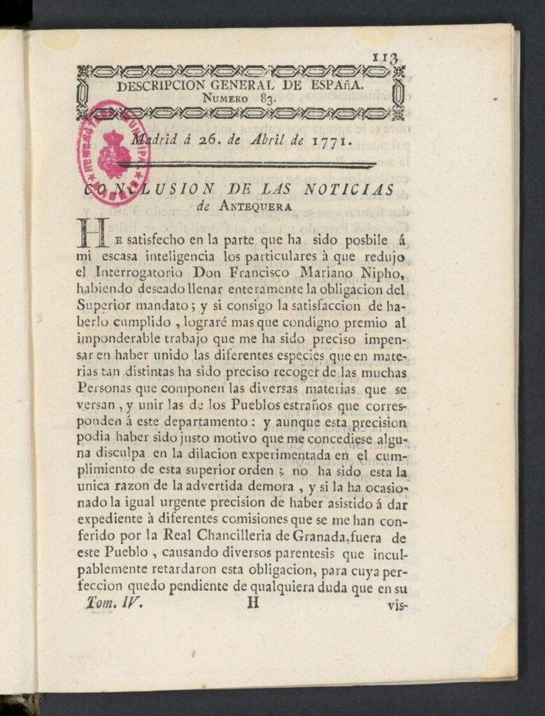 Miniatura de Correo General de España del 26 de abril de 1771, nº 83