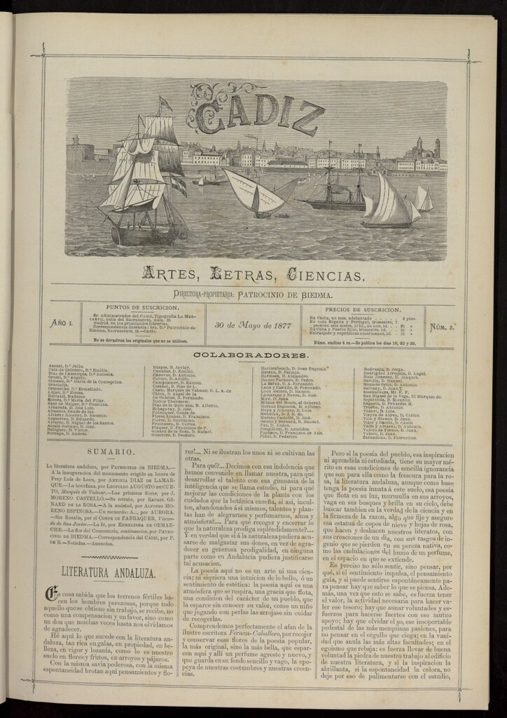 Miniatura de Cádiz: letras, ciencias y artes del 30 de mayo de 1877